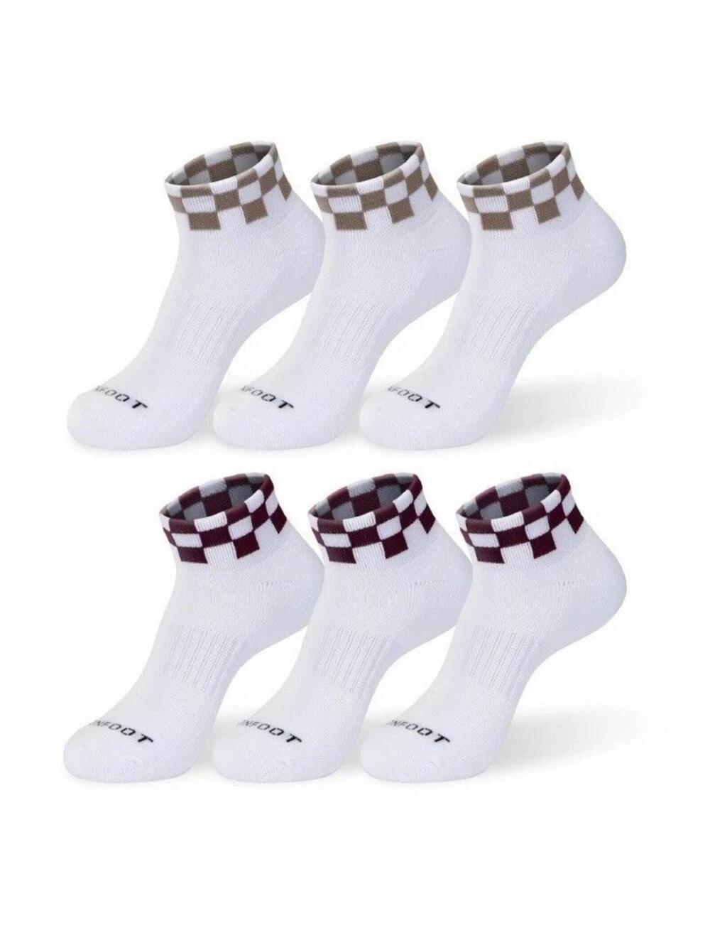 6 Pairs Quarter Socks Cushion Comfort Performance Checkerboard Wine Tan Colour